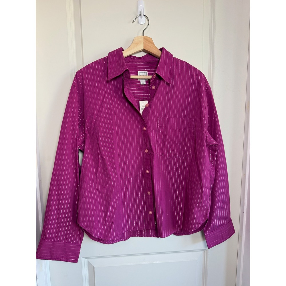 Maeve Anthropologie Raspberry Metallic Pinstripe Button Down Shirt Small NEW